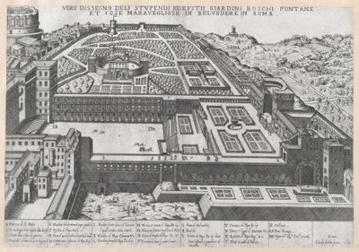 Letecký pohled na Belvedere a jeho zahrady, 1579., 1579 od Giovanni Ambrogio Brambilla.