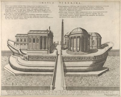 Pohled na ostrov Tiber reprezentovaný jako loď, Aesculapiův chrám vlevo, 1582., 1582. od Giovanni Ambrogio Brambilla