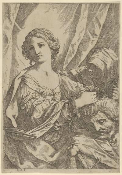Judita uchopila hlavu Holoferna za vlasy a dívala se doleva, stará žena..., 1600-1640. od Giovanni Andrea Sirani