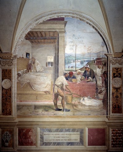 Benedikt se zjevuje dvěma mnichům a představuje jim projekt klášterní fresky ambitu od Antonia Bazzi dit il Sodoma (1477 - 1549) vyprávějící o životě svatého Benedikta z Nursie (480 - 567), zakladatele řádu benediktinů 1503 - 1508 Ab od Giovanni Antonio Bazzi Sodoma