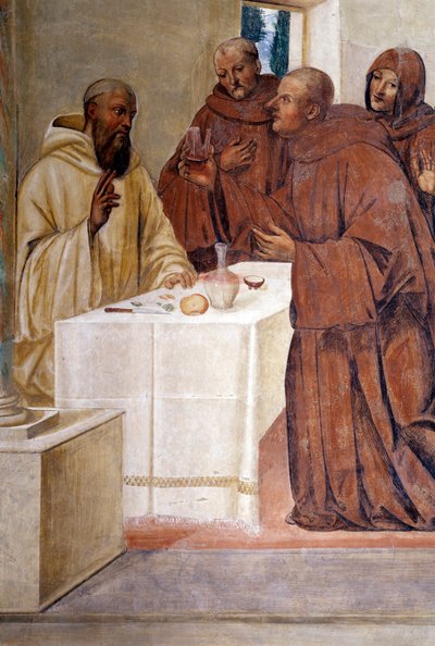 Benedikt rozbije sklenici otráveného vína tím, že udělá znamení kříže Detailní freska ambitu od Giovana Antonia Bazzi di Sodoma (1477-1549) vyprávějící o životě svatého Benedikta z Nursie (480 - 567), zakladatele řádu benediktinů 1505-15 od Giovanni Antonio Bazzi Sodoma