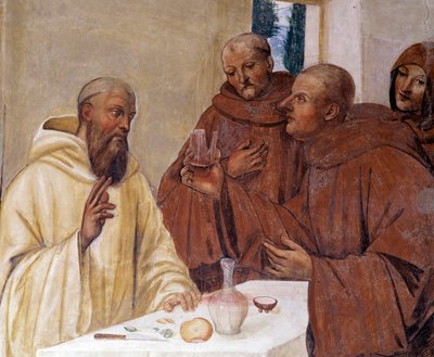 Benedikt rozbíjí sklenici otráveného vína a vytváří znamení kříže Detailní freska ambitu od Antonia Bazzi dit il Sodoma (1477 - 1549) vyprávějící o životě svatého Benedikta z Nursie (480 - 567), zakladatele řádu benediktinů 1503 - 1508 od Giovanni Antonio Bazzi Sodoma
