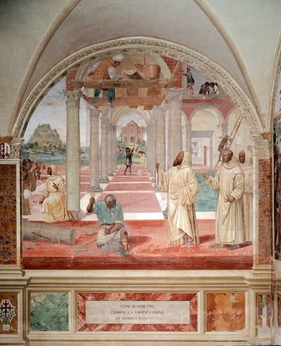Benedikt postavil dvanáct klášterních fresek kláštera od Antonia Bazzi dit il Sodoma (1477 - 1549) vyprávějících o životě svatého Benedikta z Nursie (480 - 567), zakladatele řádu benediktinů 1503 - 1508 Opatství Monte Oliveto Maggiore od Giovanni Antonio Bazzi Sodoma