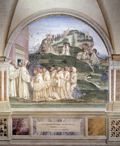Benedikt zažehl zdroj na vrcholu hory Freska kláštera od Antonia Bazzi dit il Sodoma (1477 - 1549) vyprávějící o životě svatého Benedikta z Nursie (480 - 567), zakladatele řádu benediktinů 1503 - 1508 opatství Monte Oliveto od Giovanni Antonio Bazzi Sodoma