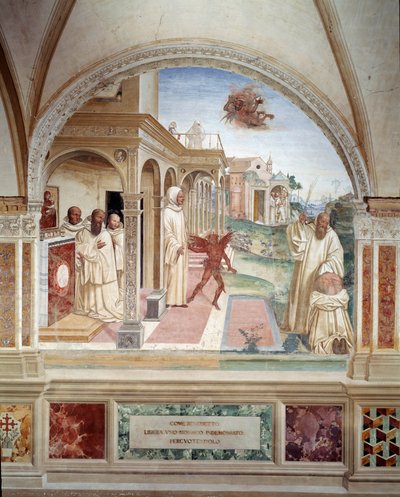 Benoit osvobodí mnicha posedlého démonem (sv. Benedikt osvobodí muže posedlého ďáblem) freska ambitu od Antonia Bazzi dit il Sodoma (1477 - 1549) vyprávějící o životě svatého Benedikta z Nursie (480 - 567), zakladatele řád Benedikta od Giovanni Antonio Bazzi Sodoma