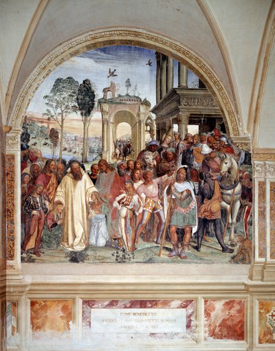 Benoit přijímá dva mladé Římany Maura a Placida (svatý Benedikt přijímá dva románové chlapce Maura a Placida) Freska kláštera od Antonia Bazzi dit il Sodoma (1477 - 1549) vyprávějící o životě zakladatele svatého Benedikta z Nursie (480 - 567) z tis od Giovanni Antonio Bazzi Sodoma