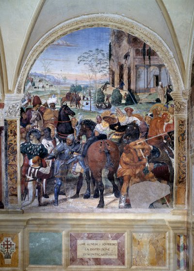 Jak Benedikt předpovídá zničení Monte Cassina (Svatý Benedikt předpovídá zničení Monte Cassina) Detail - freska ambitu od Antonia Bazzi dit il Sodoma (1477 - 1549) vyprávějící o životě svatého Benedikta z Nursie (480 - 567) fou od Giovanni Antonio Bazzi Sodoma