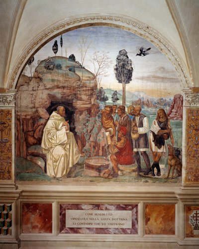 Jak Benedikt učí svatou nauku rolníkům, kteří ho navštěvují (sv. Benedikt učí svatou nauku rolníkům, kteří ho navštěvují) Freska kláštera od Antonia Bazzi dit il Sodoma (1477 - 1549) líčící život svatého Benedikta z Nurs od Giovanni Antonio Bazzi Sodoma