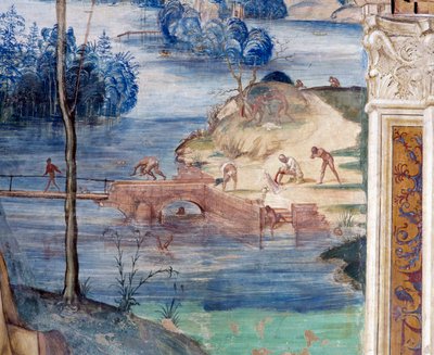 Jak svatý Maur kráčí po vodě, aby zachránil Placid (Maurus kráčí po vodě, aby zachránil Placid) - Detail Freska kláštera od Antonia Bazzi dit il Sodoma (1477-1549) vyprávějící o životě svatého Benedikta z Nursie (480 - 567) ) zakladatel Řádu od Giovanni Antonio Bazzi Sodoma