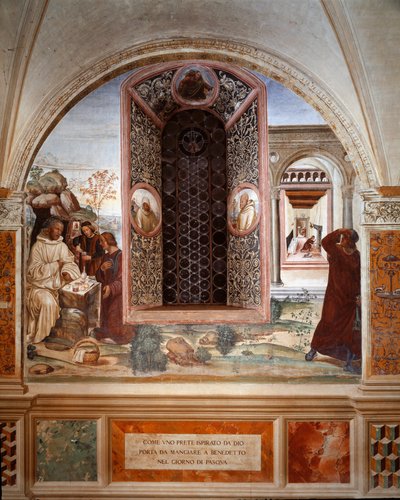 Jak kněz přinášel jídlo Benediktovi o Velikonocích - Freska kláštera od Antonia Bazzi dit il Sodoma (1477 - 1549) vyprávějící o životě svatého Benedikta z Nursie (480 - 567), zakladatele řádu Benediktinů 1503 - 1508 Opatství Monte Oliveto Ma od Giovanni Antonio Bazzi Sodoma