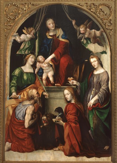 Madona s dítětem a andělé mezi svatými Jeronýmem, Kateřinou Alexandrijskou, Lucií a Janem Evangelistou, kolem roku 1513 od Giovanni Antonio Bazzi Sodoma