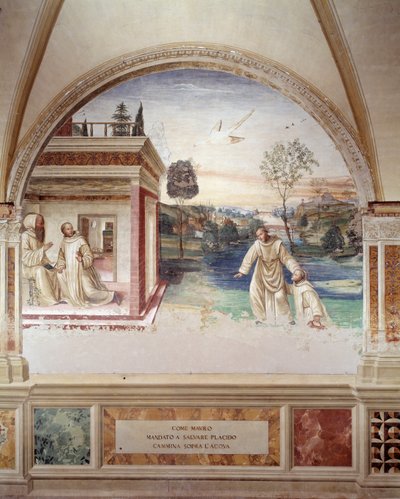Maur kráčí po vodě, aby zachránil sv. Placid (St. Maurus kráčí po vodě, aby zachránil sv. Placida) freska kláštera od Antonia Bazzi dit il Sodoma (1477 - 1549) vyprávějící o životě svatého Benedikta z Nursie (480 - 567), zakladatel řád benediktinů od Giovanni Antonio Bazzi Sodoma