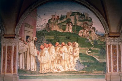 Svatý Benedikt prosený mnichy, produkující vodu z vrcholu hory, scéna z Příběhů svatého Benedikta z Monte Oliveto Maggiore od Giovanni Antonio Bazzi Sodoma