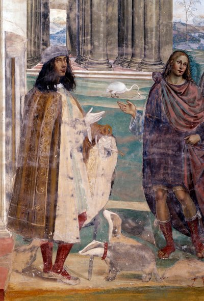Svatý Benedikt opravuje prasklé síto Autoportrét umělce - Detail Freska ambitu realizovaná Antoniem Bazzi dit il Sodoma (1477 - 1549) vyprávějící o životě svatého Benedikta z Nursie (480 - 567), zakladatele řádu benediktinů 1503 - 1508 od Giovanni Antonio Bazzi Sodoma
