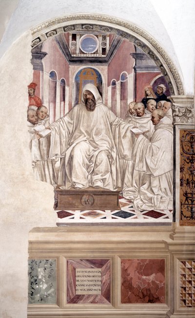 Svatý Benedikt dává vládu mnichům (Benedikt dává vládu mnichům) freska ambitu od Antonia Bazzi dit il Sodoma (1477 - 1549) líčící život svatého Benedikta z Nursie (480 - 567), zakladatele řádu benediktinů 1503 od Giovanni Antonio Bazzi Sodoma