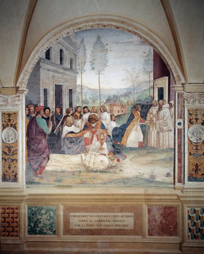 Svatý Benedikt nese Kristovo tělo na těle mnicha, kterého Země odmítá pohřbít freska ambitu od Antonia Bazzi dit il Sodoma (1477 - 1549) vyprávějící o životě svatého Benedikta z Nursie (480 - 567), zakladatele řád Benedi od Giovanni Antonio Bazzi Sodoma