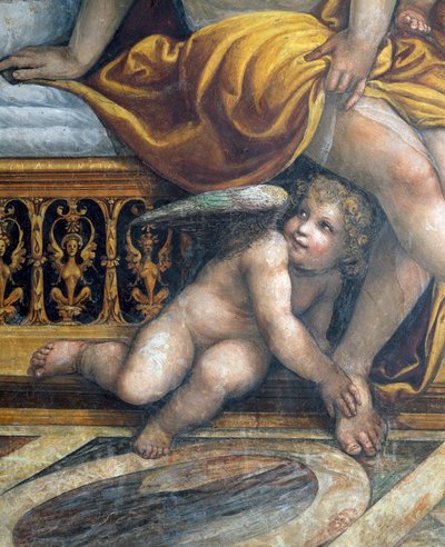 Sala delle Nozze di Alessandro e Rossana Sál sňatku Alexandra Velikého 356-323 př. n. l. a Roxany detail putta skrývajícího se u Roxaniných nohou, cca 1513 detail fresky 107228 od Giovanni Antonio Bazzi Sodoma