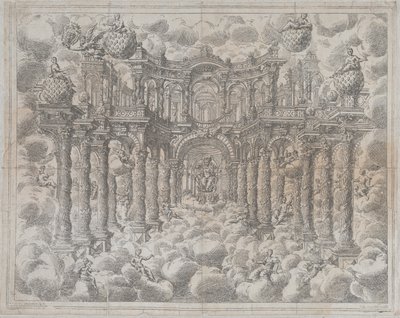 Talíř 2 [protiodolný]: Scéna s alegorickými postavami usazenými mezi mraky, s..., 1690. od Giovanni Antonio Lorenzini