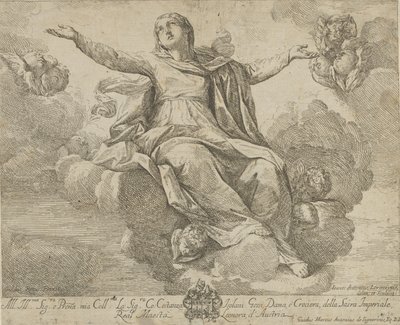 Nanebevzetí Panny Marie, která sedí v oblacích s rozpřaženýma rukama, ang..., 1685-1720. od Giovanni Antonio Lorenzini