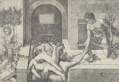 Nevědomost a Merkur alegorie Ctnosti a neřesti, Merkur klečící vpravo..., ca. 1490-1525. od Giovanni Antonio da Brescia