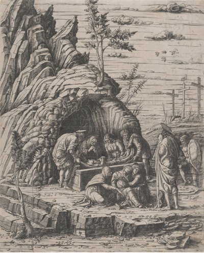 Pohřeb Krista, který je spouštěn dvěma muži do kamenné hrobky před..., ca. 1470-1500. od Giovanni Antonio da Brescia