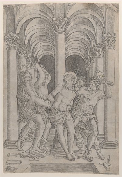 Bičování Krista, který je přivázán ke sloupu uprostřed zasazeného do podloubí, 1509., 1509. od Giovanni Antonio da Brescia