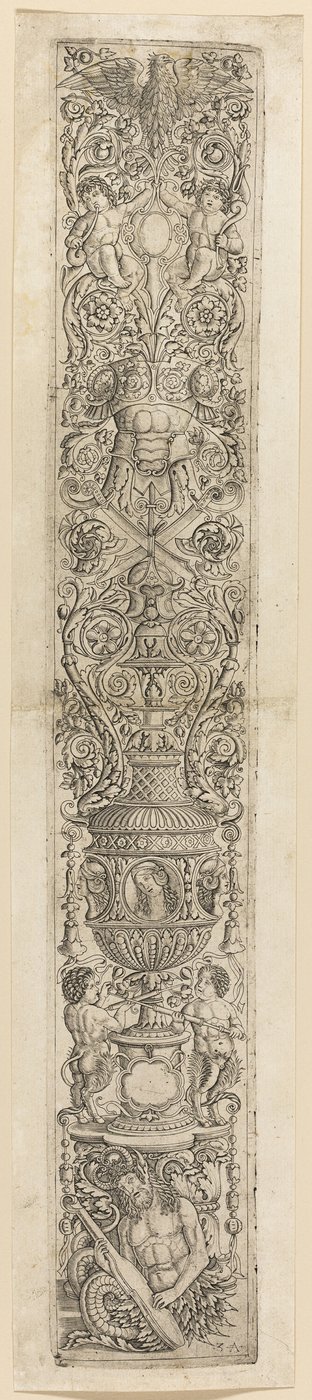 Triton a dvě satyrská nemluvňata, čtvrtý talíř z dvanácti ornamentálních panelů od Giovanni Antonio da Brescia