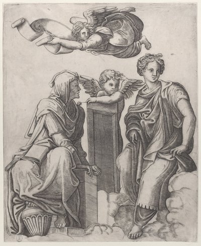 Dvě ženské postavy sedící v oblacích lemující anděla a další létající nad ..., ca. 1510-25. od Giovanni Antonio da Brescia