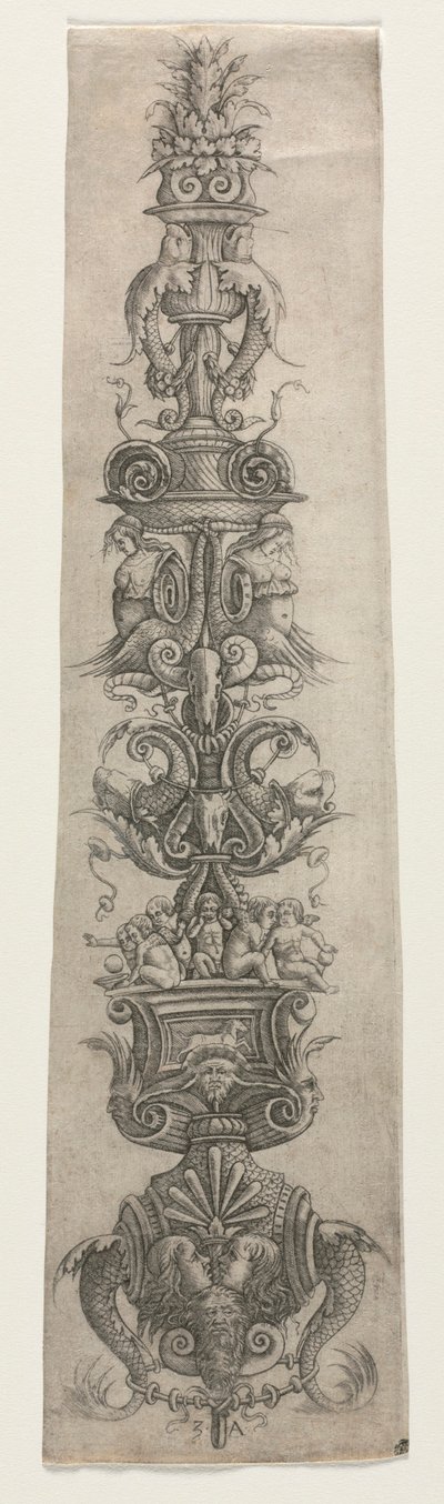 Vzpřímená arabeska s maskami, Amorky a Nereidami od Giovanni Antonio da Brescia