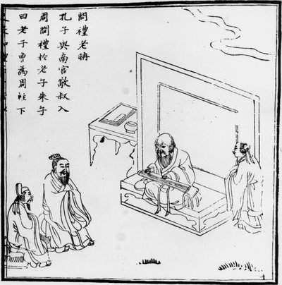 Setkání Lao Tzu s Konfuciem. Čínská rytina. sd. od Phillipe de Marlier