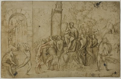 Akrobaté předvádějící se před vládcem (recto); venkovní scéna se skupinou postav (verso) od Giovanni Antonio da Pordenone
