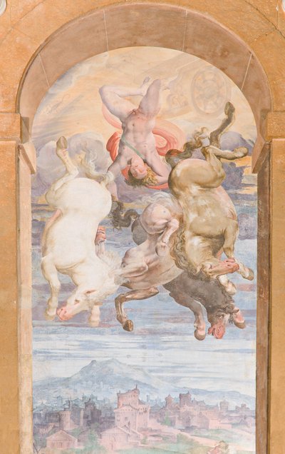 The Chariot of the Sun poháněný Apollem potápějícím se směrem k Zemi, východní stěna Apollo Loggia, cca 1560 (freska) od Giovanni Battista and Cambiaso Luca Castello