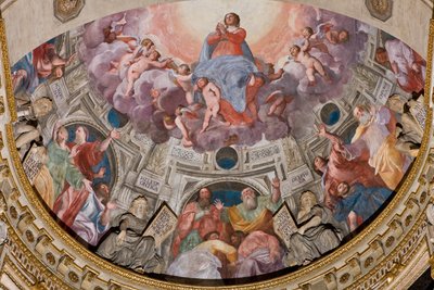 Janov, Duomo (katedrála svatého Vavřince), uvnitř, kaple Lercari nebo kaple Nejsvětější svátosti (severní apsida), apsida: „Nanebevzetí Panny Marie“, freska Giovanni Battista Castello známá jako Bergamasco od Giovanni Battista Castello