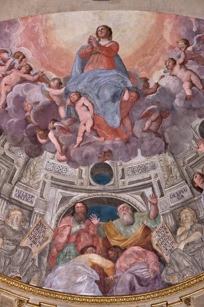Janov, Duomo (katedrála svatého Vavřince), uvnitř, kaple Lercari nebo kaple Nejsvětější svátosti (severní apsida), apsida: „Nanebevzetí Panny Marie“, freska Giovanni Battista Castello známá jako Bergamasco od Giovanni Battista Castello