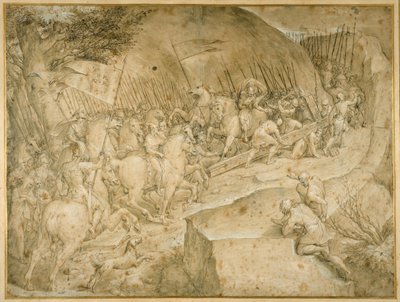 Cesta na Kalvárii (pero a hnědý inkoust s hnědým praním) od Giovanni Battista  Castello