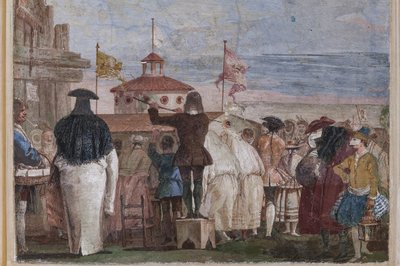 Guest Lodgings, pokoj karnevalových scén: „Nový svět“, scéna s maskami napodobujícími olejomalbu od Giovanni Battista Tiepolo