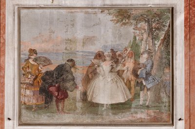 Guest Lodgings, pokoj karnevalových scén: „Pantalone a Columbina“, scéna s maskami od Giovanni Battista Tiepolo