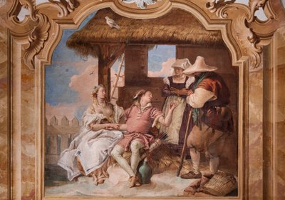 Palazzina (Malá budova): druhá místnost nebo místnost Ariosta s freskami představujícími epizody z "Orlando Furioso": "Angelica a Medoro v domě pastýřů" od Giovanni Battista Tiepolo