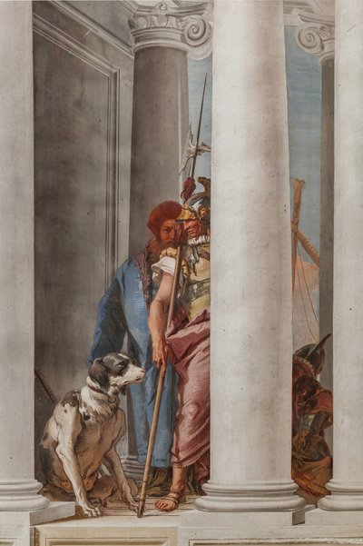 Palazzina (Malá budova), vstupní hala: „Řecká flotila v Aulide“, detail představující psa a vojáka od Giovanni Battista Tiepolo
