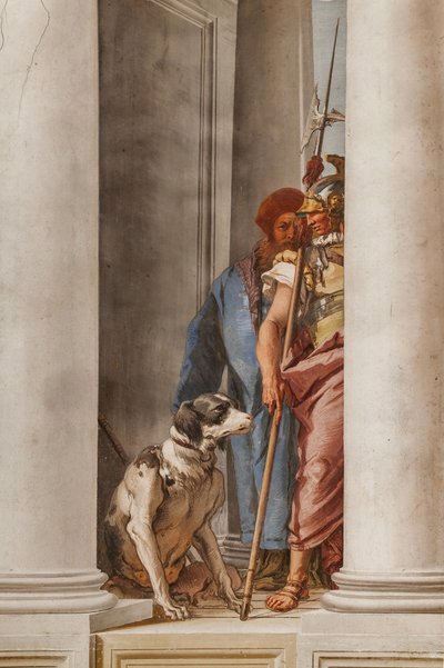 Palazzina (Malá budova), vstupní hala: „Řecká flotila v Aulide“, detail představující psa a vojáka od Giovanni Battista Tiepolo