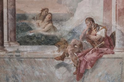 Palazzina (Malá budova): pohled na první místnost a její fresky představující epizody z Iliady: „Achilles v slzách, zatímco jeho matka Thetis se vynořuje z moře, aby ho utěšila“, detail od Giovanni Battista Tiepolo