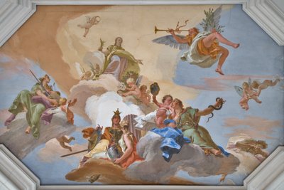 Triumph of Glory vyhlášený slávou stojící mezi kardinálskými ctnostmi od Giovanni Battista Tiepolo