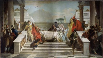 Kleopatřina slavnost. Egyptská královna (69-30 př. n. l.) je pravděpodobně vyobrazena s římským politikem a vojevůdcem Marcem Antoniem (Marcus Antonius, 83-30 př. n. l.). (Kleopatřina hostina). Obraz Giambattisty Tiepola (1696-1770). Olej na t od Giovanni Battista Tiepolo