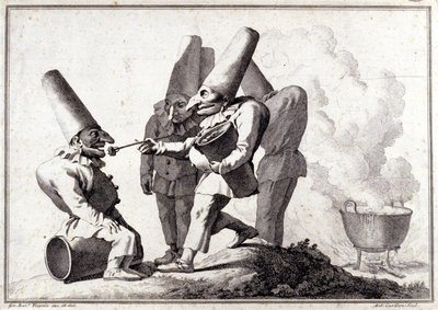 Skupina Pulcinella (italsky Polichinelle). Kresba perem a lavírovaná značka tužkou od Giovanni Battisty (Giambattista) Tiepolo (1696-1770). od Giovanni Battista Tiepolo