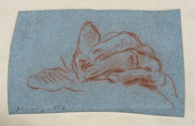 Studie levé ruky, asi 1750-1754 (červená křída s tupováním na modrém křídovém papíře) od Giovanni Battista (attr. to) Tiepolo