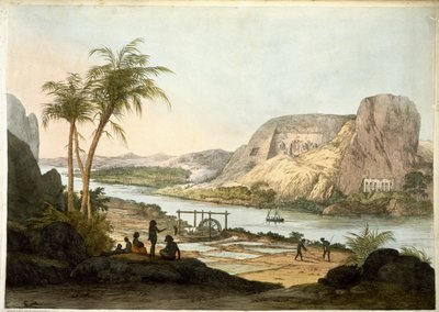 Vnější pohled na dva chrámy v Abu Simbel, z Desky ilustrující výzkumníky v Egyptě a Núbii, publikované 1822 od Giovanni Battista Belzoni