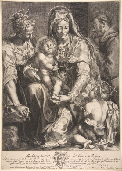 Panna a dítě se svatou Kateřinou, Františkem z Assisi a Janem Křtitelem, polovina 17. století. od Giovanni Battista Bonacina
