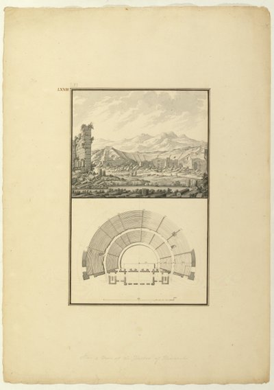 Pohled a plán divadla Hierapolis (nyní Pamukkale), cca 1750 (pero a inkoust a mytí na papíře) od Giovanni Battista Borra