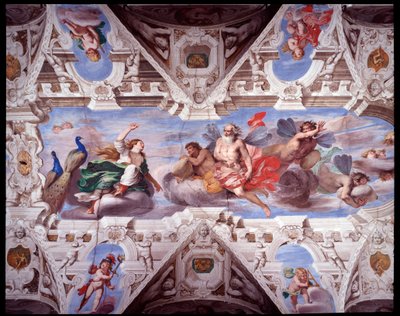 Juno žádá Aeola, aby zabránil Aeneasově cestě (Fresco od Giovanni Battista Carlone