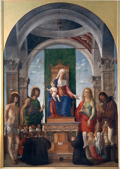Madona s dítětem na trůnu se svatým Sebastianem, svatým Janem Křtitelem, svatou Marií Magdalenou, svatým Rochem a členy Konfraternity San Giovanni Evangelista od Giovanni Battista Cima da Conegliano